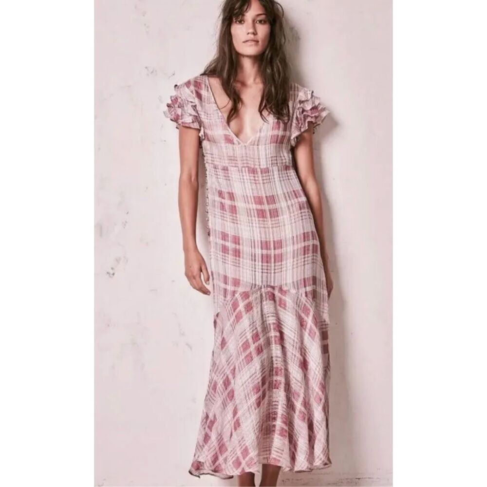 NWT Love Shack Fancy x  Free People Silk Sloane Blush Plaid Silk Maxi Dress XS